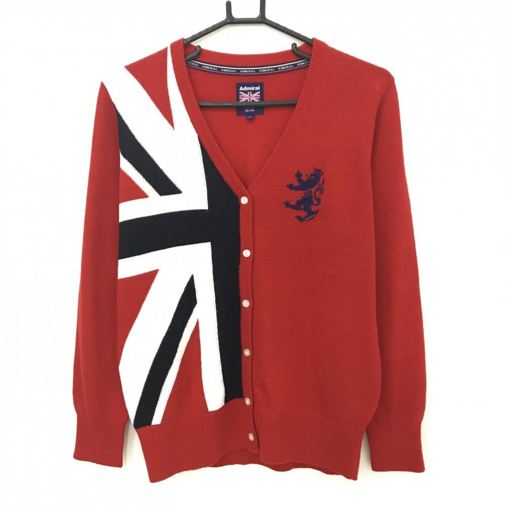 【美品】アドミラル カーディガン レッド×白×ネイビー ロゴ刺しゅう ウール混 レディース LL ゴルフウェア Admiral