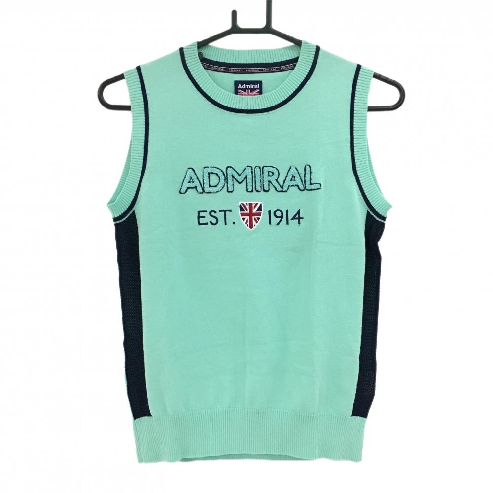 【美品】アドミラル ニットベスト ミントグリーン×ネイビー サイド透かし編み パイル地ロゴ  レディース M ゴルフウェア Admiral