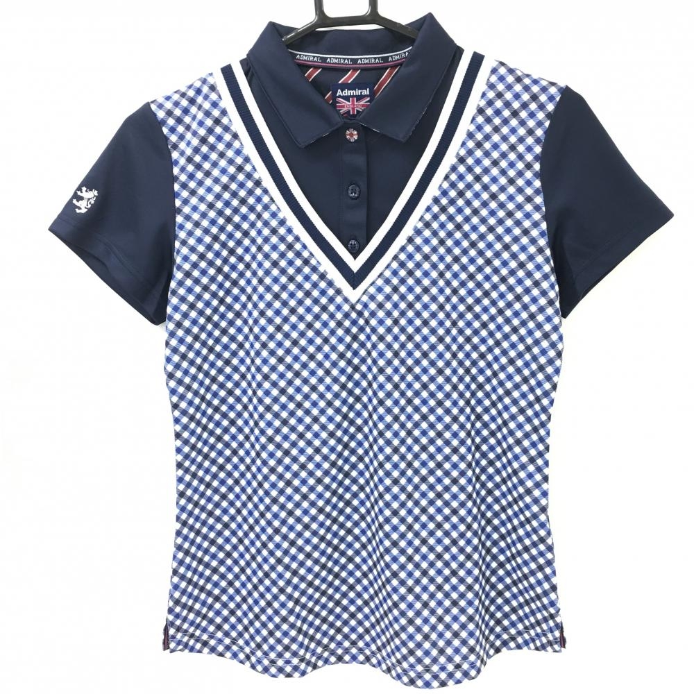 【超美品】アドミラル 半袖ポロシャツ ネイビー×白 チェック柄 レイヤードデザイン レディース M ゴルフウェア Admiral