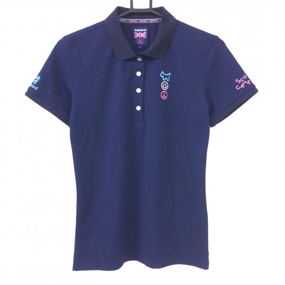 アドミラル×スコッティキャメロン 半袖ポロシャツ ネイビー×ピンク スマイル ニコちゃん  レディース L ゴルフウェア Admiral