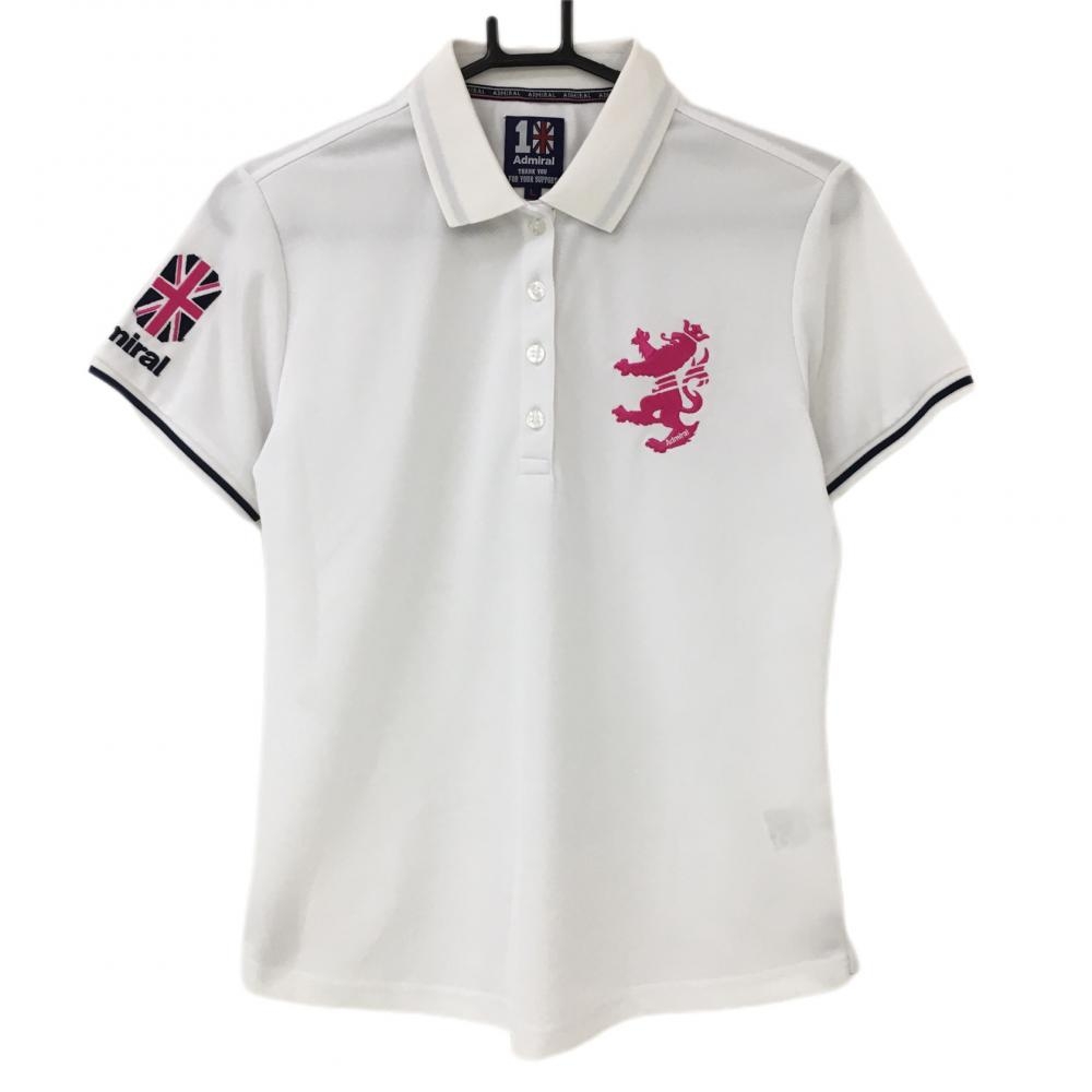 【美品】アドミラル 半袖ポロシャツ 白×ピンク 10周年 ビッグロゴ レディース L ゴルフウェア Admiral