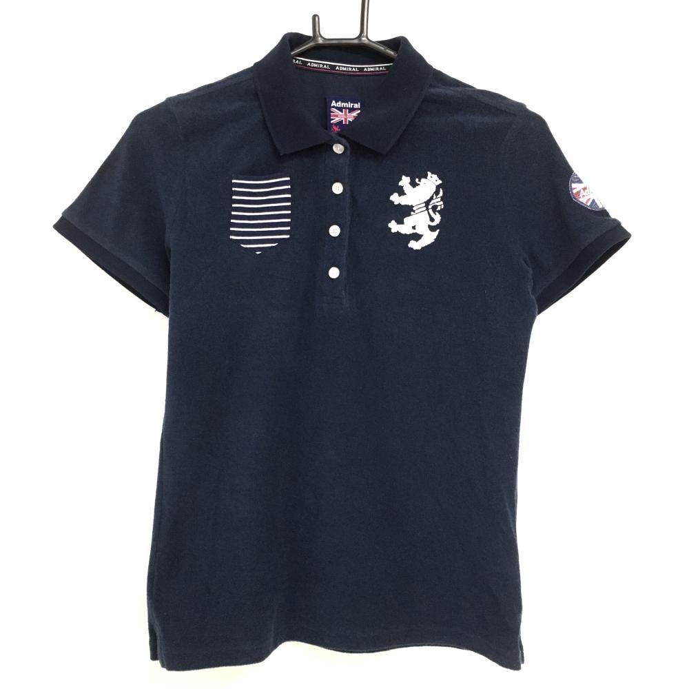 アドミラル 半袖ポロシャツ ネイビー×白 パイル地 ロゴプリント 胸ポケット  レディース L ゴルフウェア Admiral
