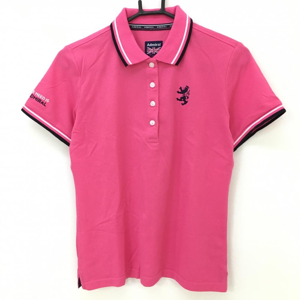 【美品】アドミラル 半袖ポロシャツ ピンク×ネイビー ロゴ刺しゅう 襟、袖ライン  レディース L ゴルフウェア Admiral