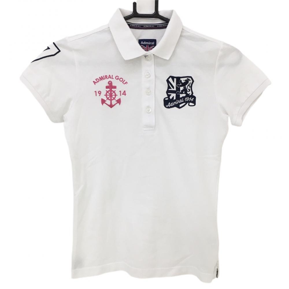 アドミラル 半袖ポロシャツ 白×ネイビー ロゴ刺しゅう レディース S ゴルフウェア Admiral