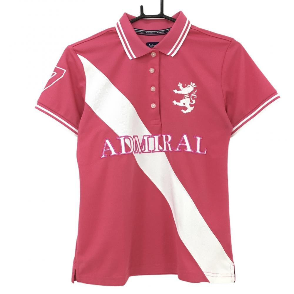 アドミラル 半袖ポロシャツ ピンク×白 斜めライン ビッグロゴワッペン 胸元ロゴ刺しゅう レディース Ｌ ゴルフウェア Admiral