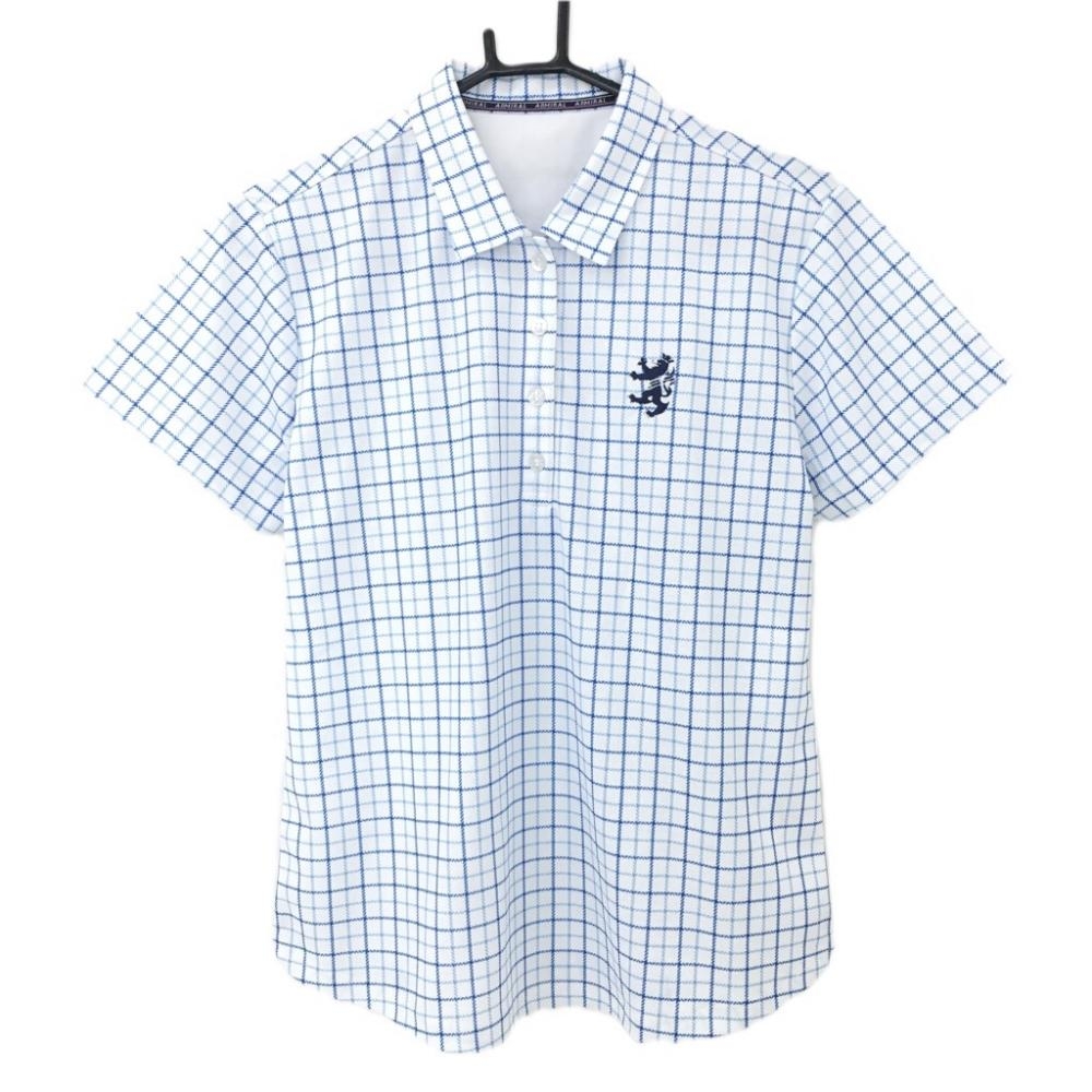【超美品】アドミラル 半袖ポロシャツ 白×ブルー 格子柄 ロゴ刺しゅう  レディース LL ゴルフウェア Admiral
