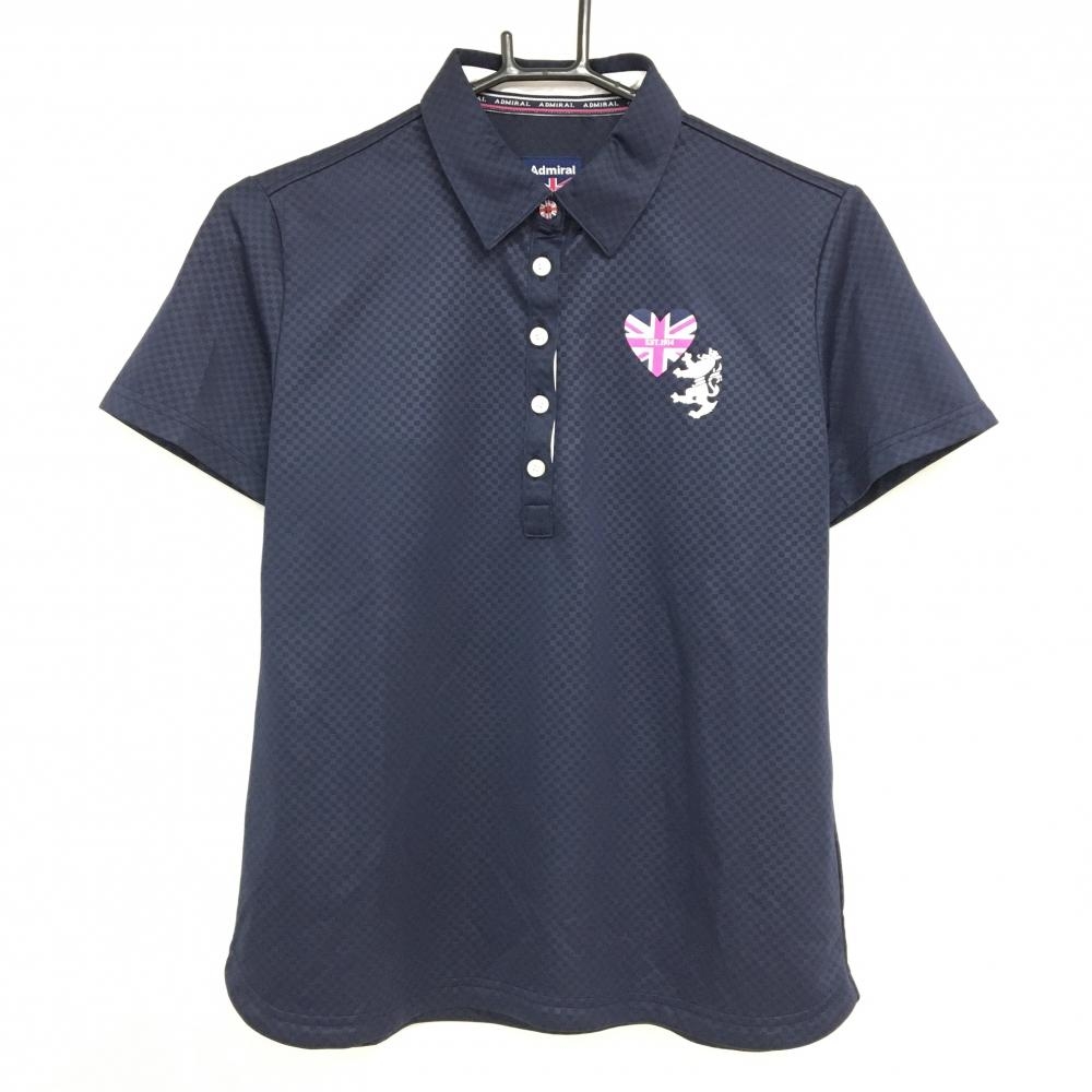 【美品】アドミラル 半袖ポロシャツ ネイビー ブロックチェック地模様 レディース L ゴルフウェア Admiral