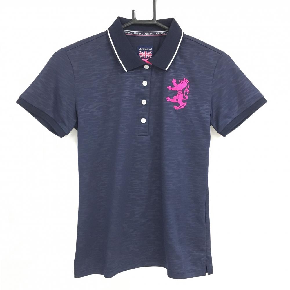 【美品】アドミラル 半袖ポロシャツ ネイビー ゼブラ調地模様 レディース M ゴルフウェア Admiral