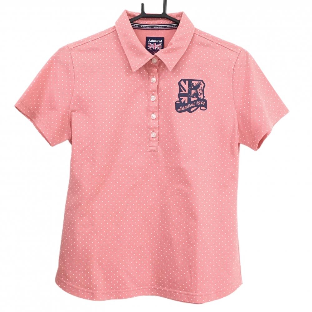 【美品】アドミラル 半袖ポロシャツ オレンジピンク×白 ドット ロゴプリント レディース L ゴルフウェア Admiral