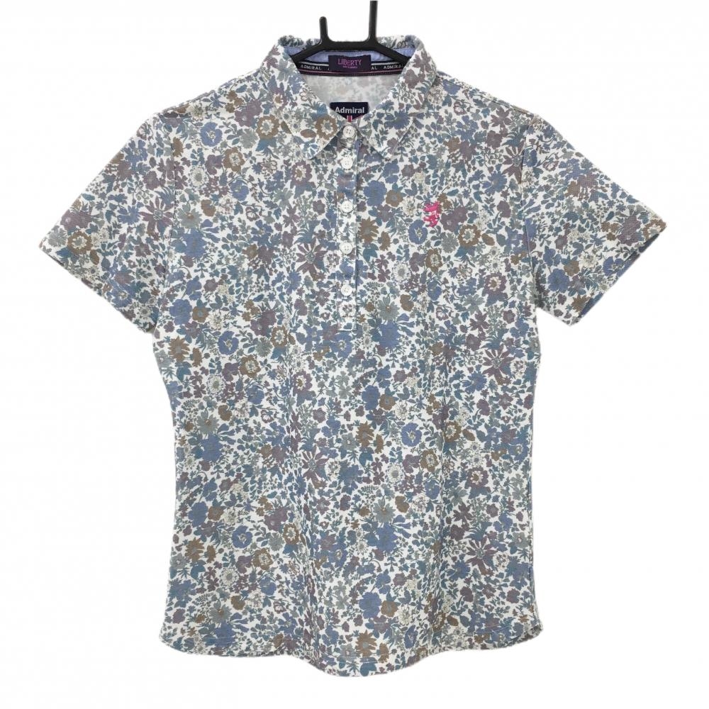 【超美品】アドミラル 半袖ポロシャツ 白×ブルー 花柄 LIBERTY ロゴ  レディース L ゴルフウェア Admiral