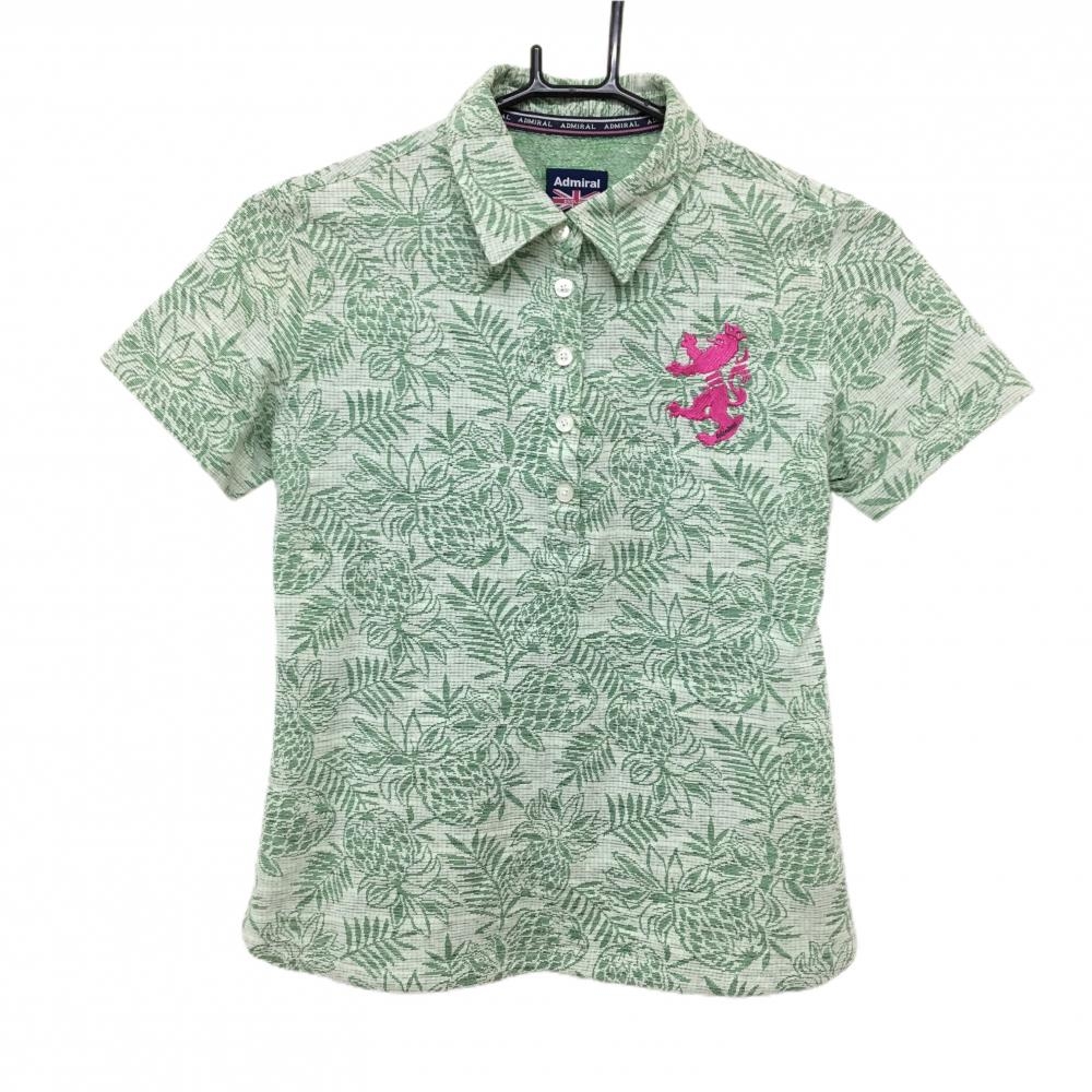 【美品】アドミラル 半袖ポロシャツ アイボリー系×グリーン 果実柄 ロゴピンク レディース M ゴルフウェア Admiral