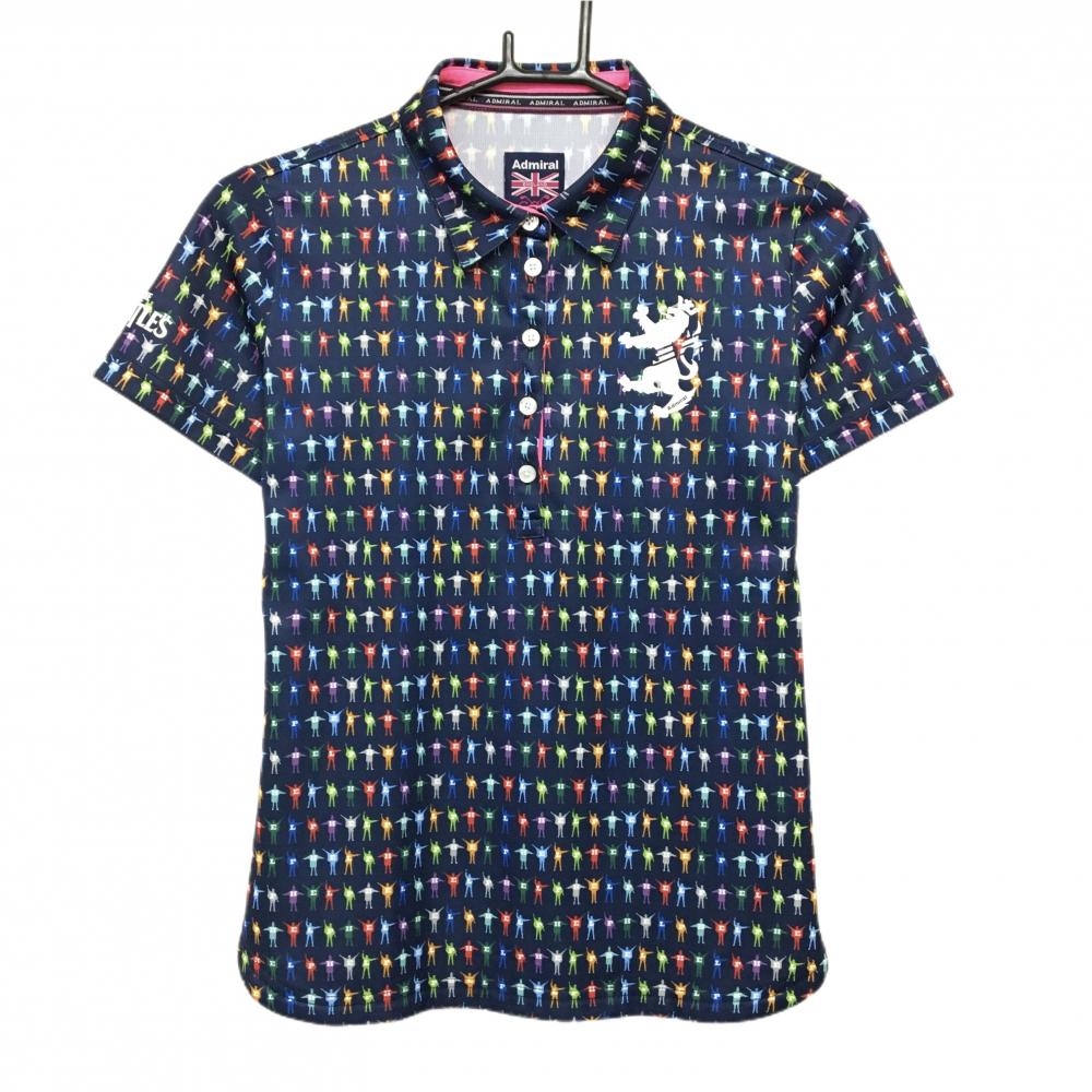 【美品】アドミラル 半袖ポロシャツ ネイビー×マルチカラー 総柄 レディース M ゴルフウェア Admiral