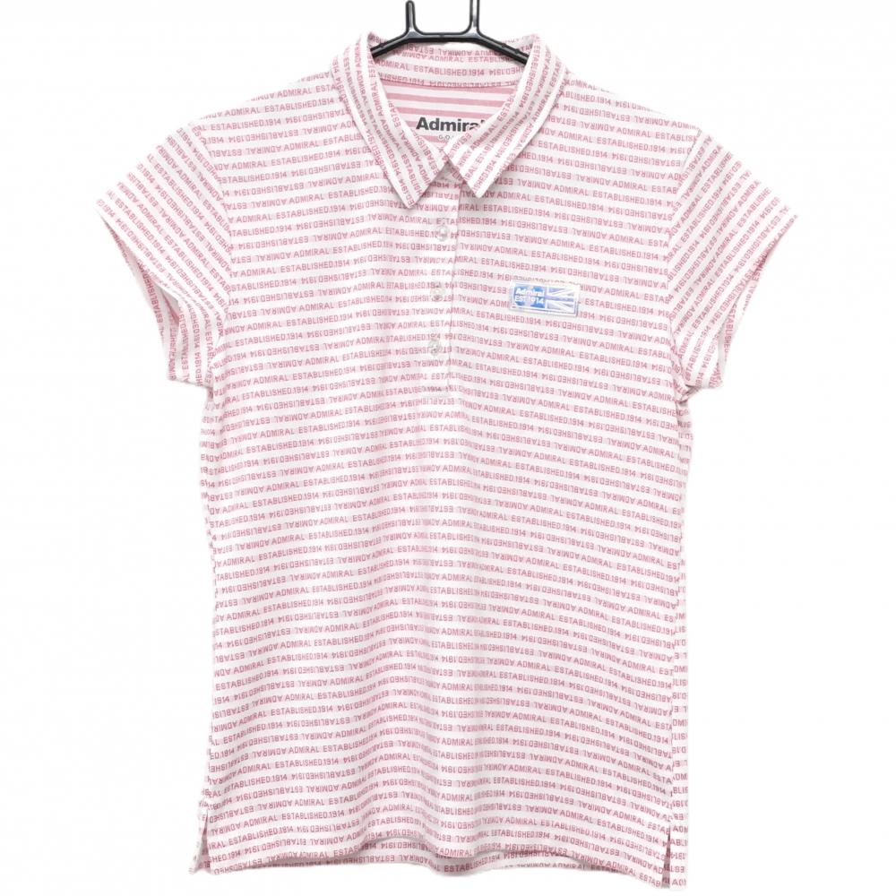 【超美品】アドミラル 半袖ポロシャツ 白×ピンク ボーダー 英字総柄 胸元ロゴ レディース L ゴルフウェア Admiral