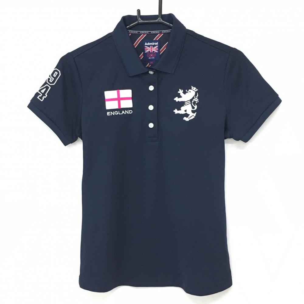 【美品】アドミラル 半袖ポロシャツ ダークネイビー×白 ビッグロゴ ENGLAND刺しゅう レディース M ゴルフウェア Admiral