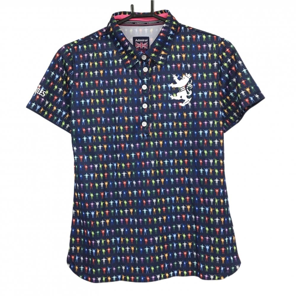 【超美品】アドミラル×BEATLES 半袖ポロシャツ ネイビー×マルチカラー ヒューマン総柄 ビートルズ レディース L ゴルフウェア Admiral