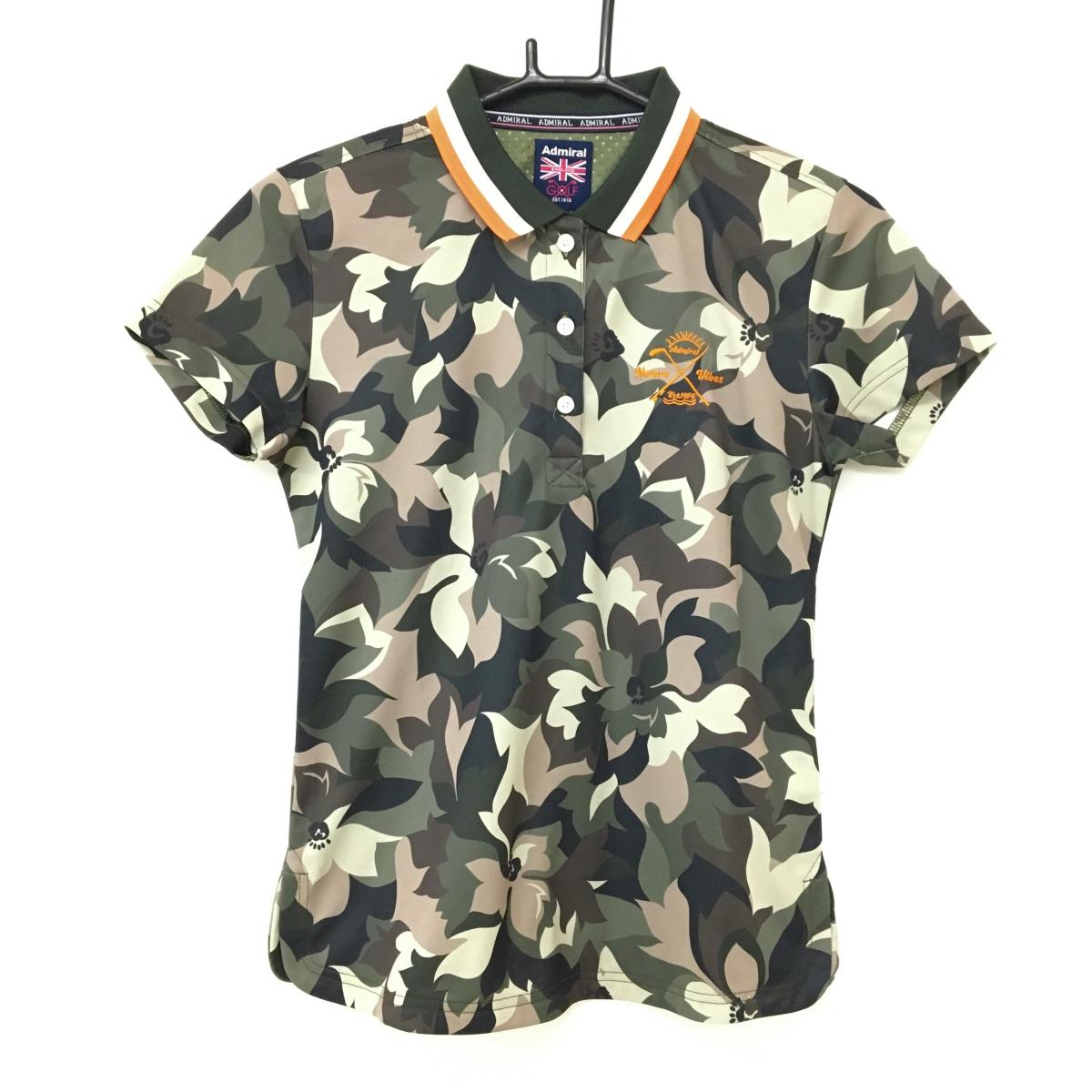 【超美品】アドミラル 半袖ポロシャツ カーキ×ベージュ 花柄 カモフラ風 レディース M ゴルフウェア Admiral