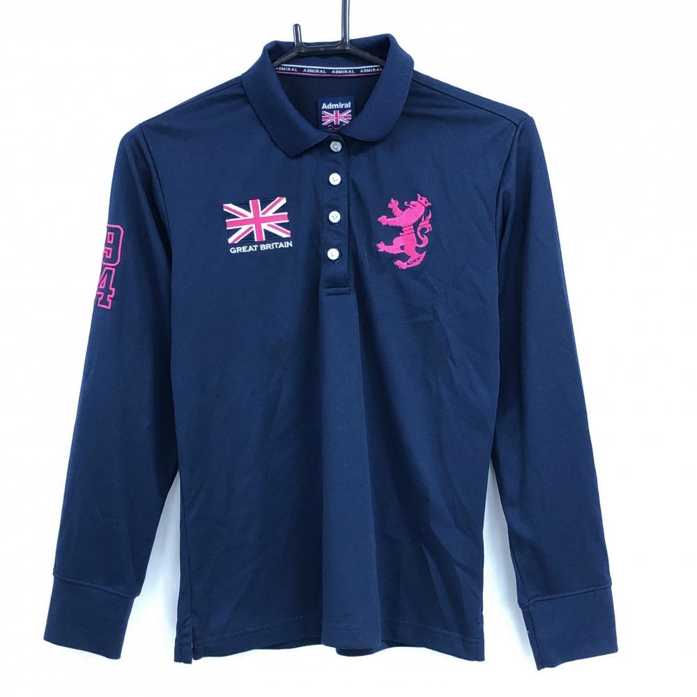 【超美品】アドミラル 長袖ポロシャツ ネイビー×ピンク ロゴ刺しゅう レディース L ゴルフウェア Admiral