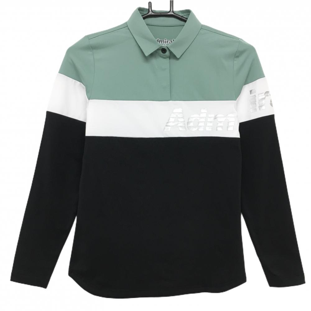 【超美品】アドミラル 長袖ポロシャツ 黒×ライトグリーン ロゴシルバー レディース S ゴルフウェア Admiral