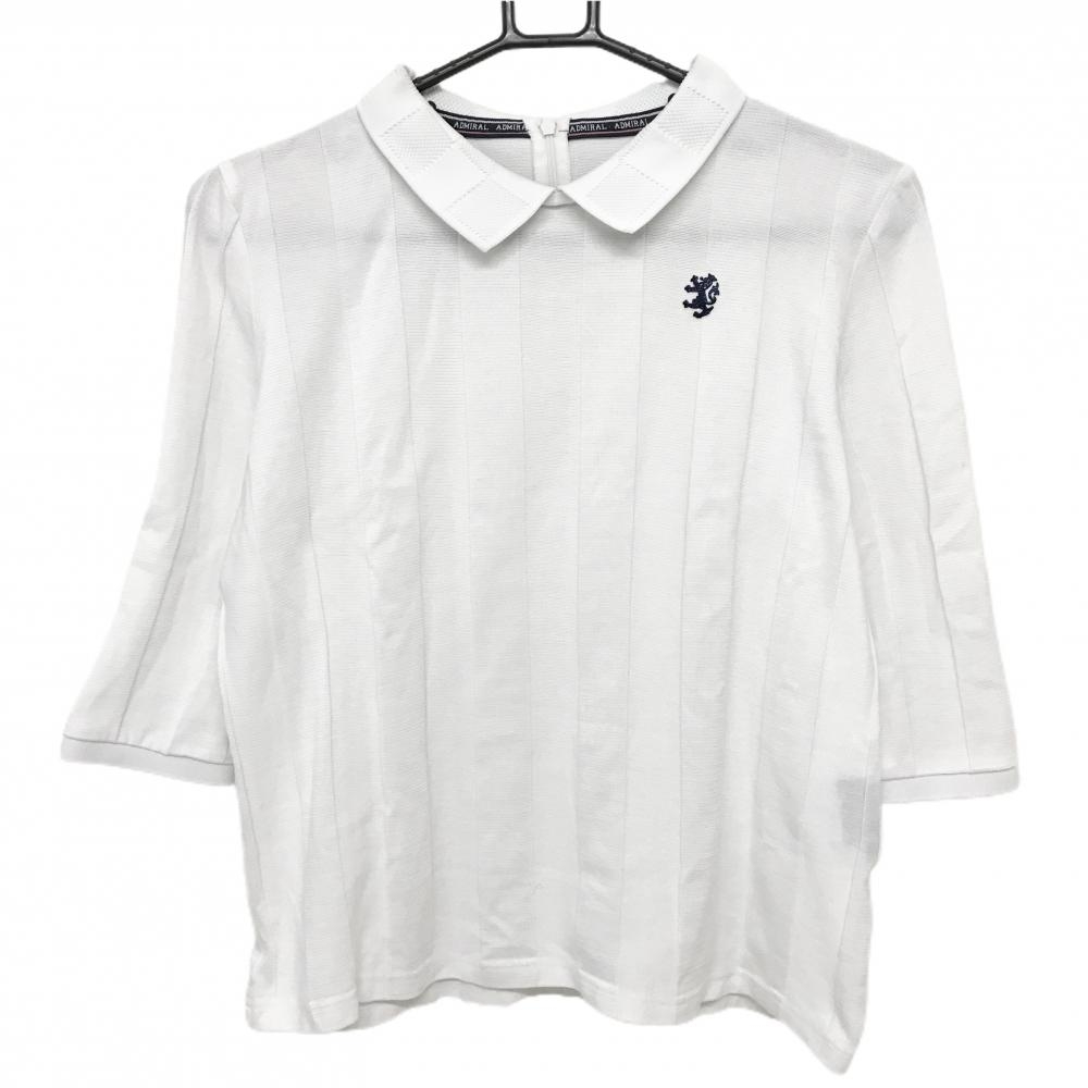 【美品】アドミラル 襟付き長袖シャツ 白 ストライプ織生地 七分袖 後ろハーフジップ  レディース M ゴルフウェア Admiral