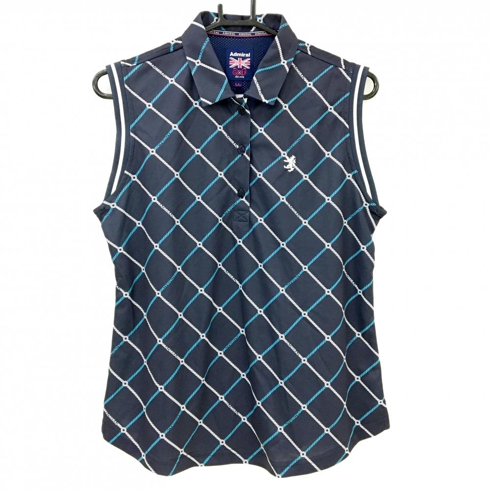 【超美品】アドミラル ノースリーブポロシャツ ネイビー×白 斜め格子柄 ロゴ刺しゅう レディース LL ゴルフウェア Admiral
