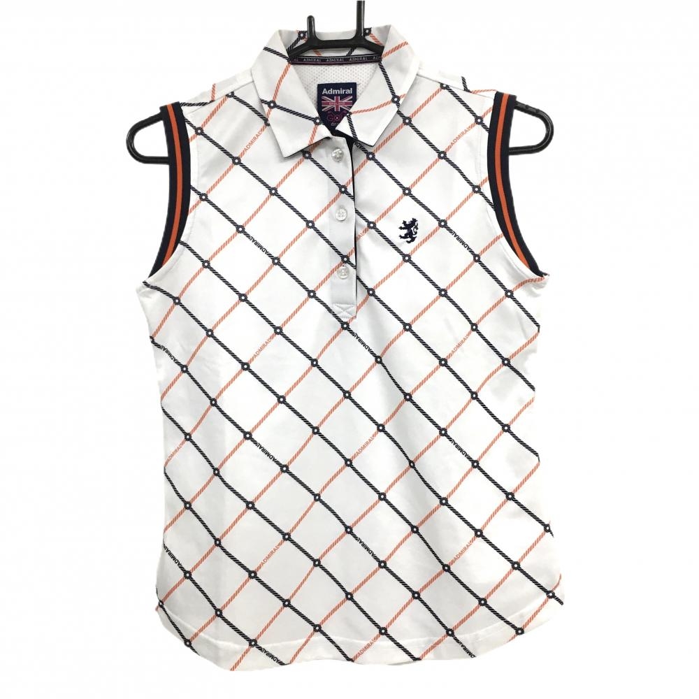 アドミラル ノースリーブポロシャツ 白×ネイビー ロープ格子柄 ロゴ刺しゅう レディース M ゴルフウェア Admiral