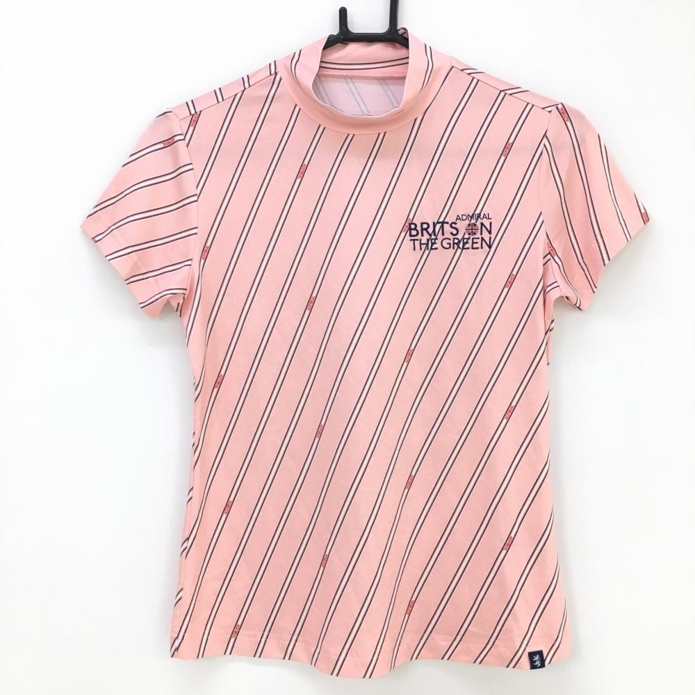 【超美品】アドミラル 半袖ハイネックシャツ ピンク×白 斜めストライプ×ロゴ ストレッチ レディース S ゴルフウェア Admiral 画像