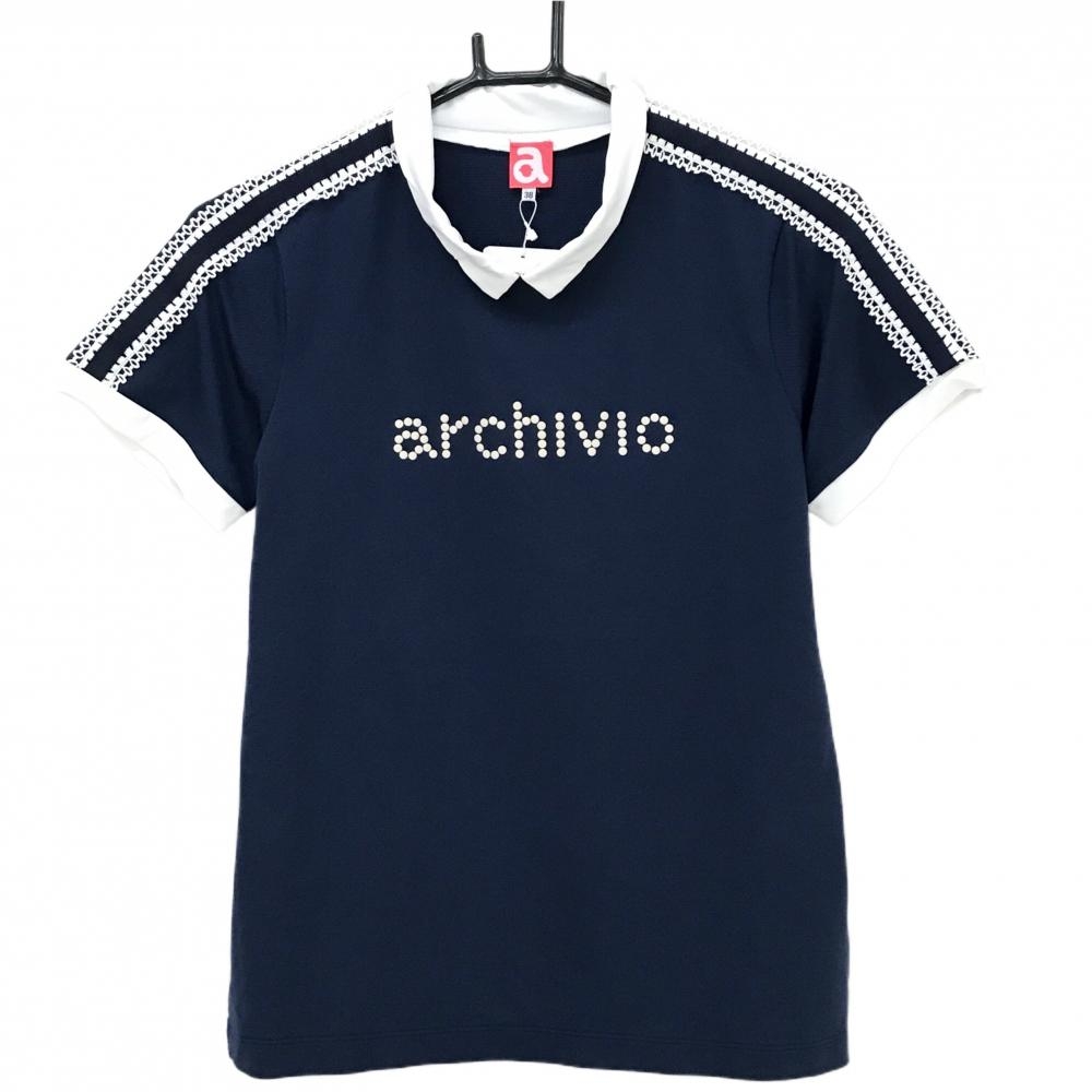 【新品】アルチビオ 半袖ハイネックシャツ ネイビー×白 UVカット フロントロゴ  レディース 38(M) ゴルフウェア Admiral