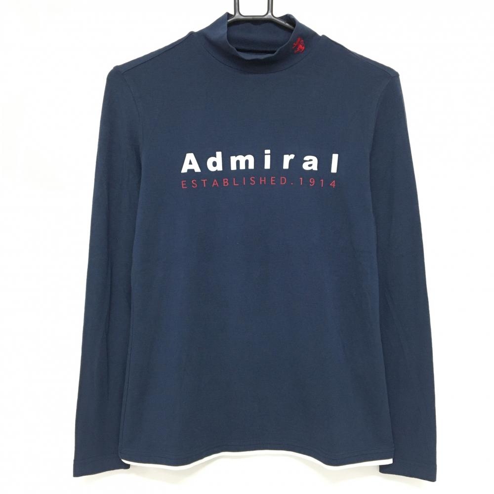 【美品】アドミラル 長袖ハイネックシャツ ネイビー×白×レッド フロントロゴプリント レディース M ゴルフウェア Admiral