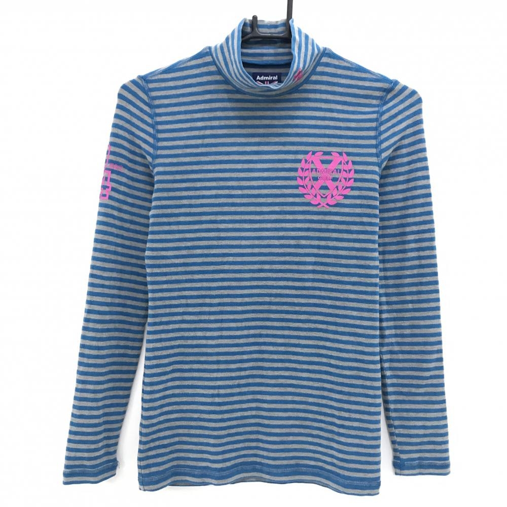 【美品】アドミラル 長袖ハイネックシャツ グレー×ブルー ボーダー 微起毛 レディース M ゴルフウェア Admiral