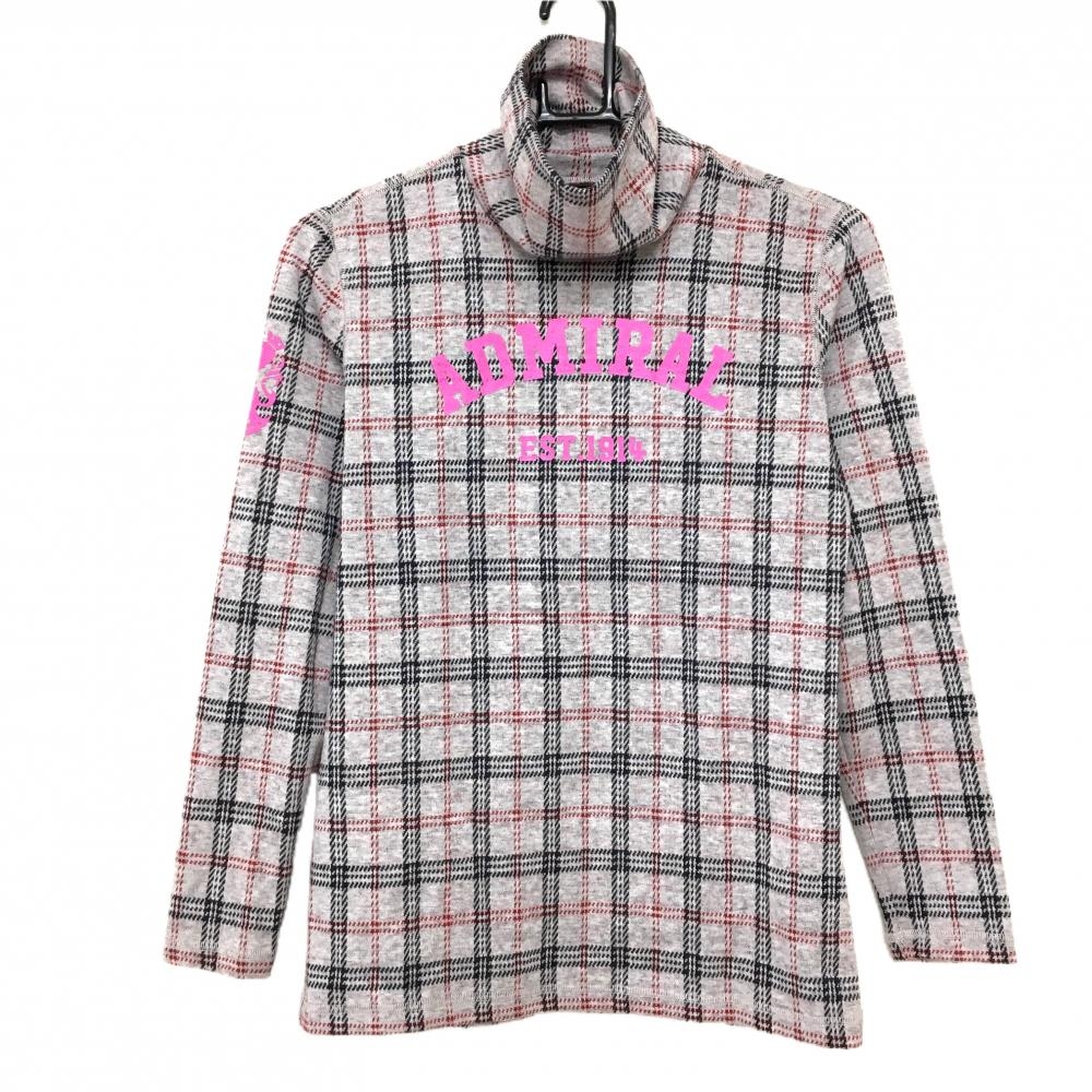 【超美品】アドミラル 長袖タートルネックシャツ ライトグレー系×レッド×黒 チェック 表微起毛  レディース M ゴルフウェア Admiral