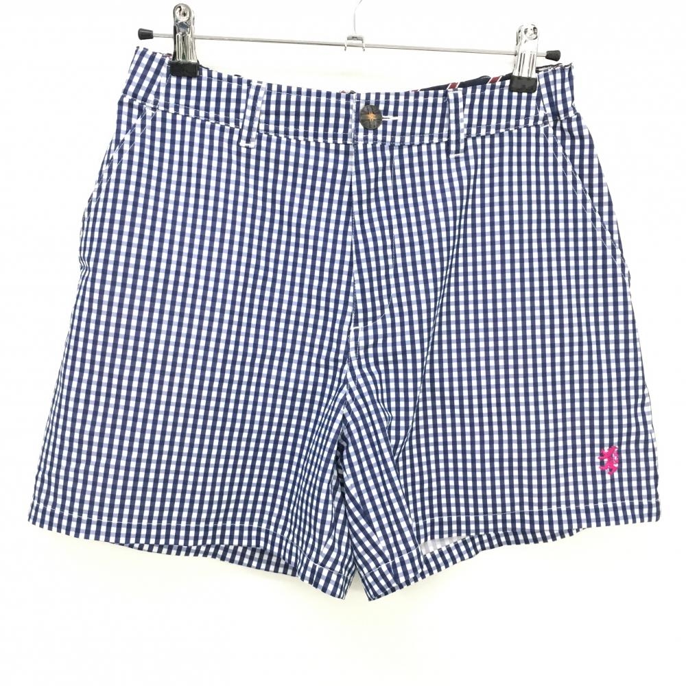 【美品】アドミラル ショートパンツ 白×ネイビー ギンガムチェック 裏地付き ウエスト後ろゴム レディース L ゴルフウェア Admiral