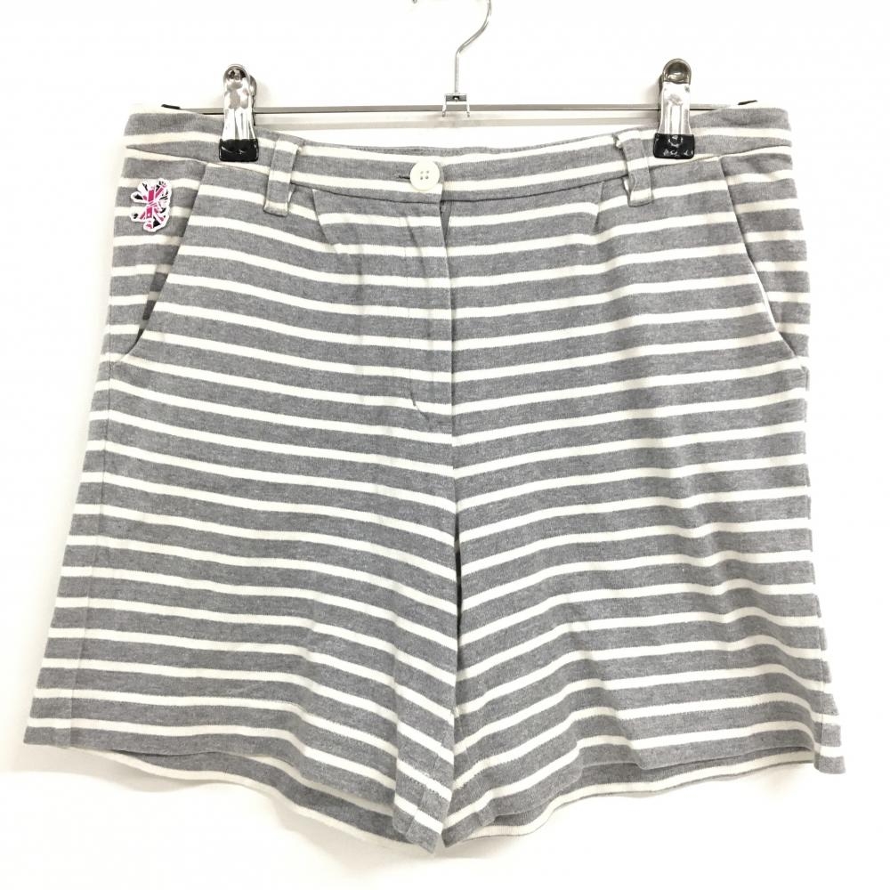 【美品】アドミラル ハーフパンツ グレー×白 ボーダー ワッペン コットン100％ 裾薄汚れ レディース M ゴルフウェア Admiral