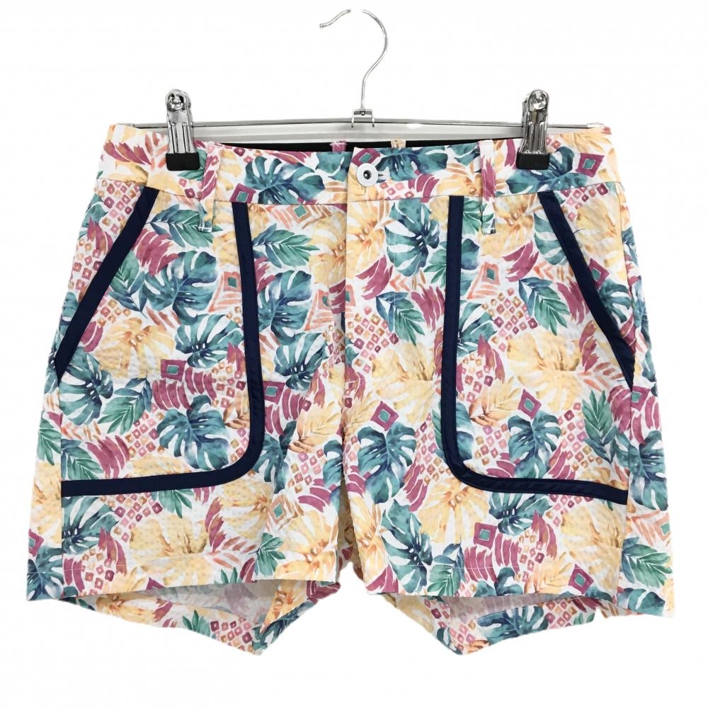 【美品】アドミラル ショートパンツ 白×マルチカラー 総柄 リーフ サッカー生地調 ストレッチ レディース M ゴルフウェア Admiral