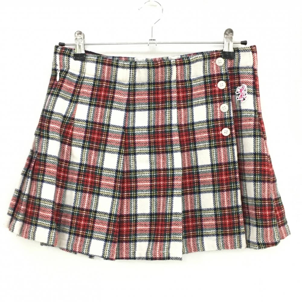 【超美品】アドミラル ニットプリーツスカート 白×レッド チェック ウール混 ウエスト内側ゴム  レディース L ゴルフウェア Admiral