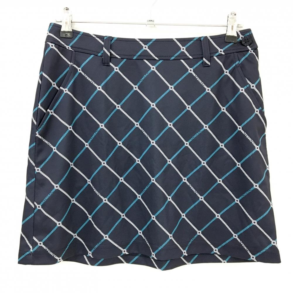 【超美品】アドミラル スカート ネイビー×白 斜め格子柄 バックロゴ刺しゅう ウエスト一部ゴム レディース LL ゴルフウェア Admiral