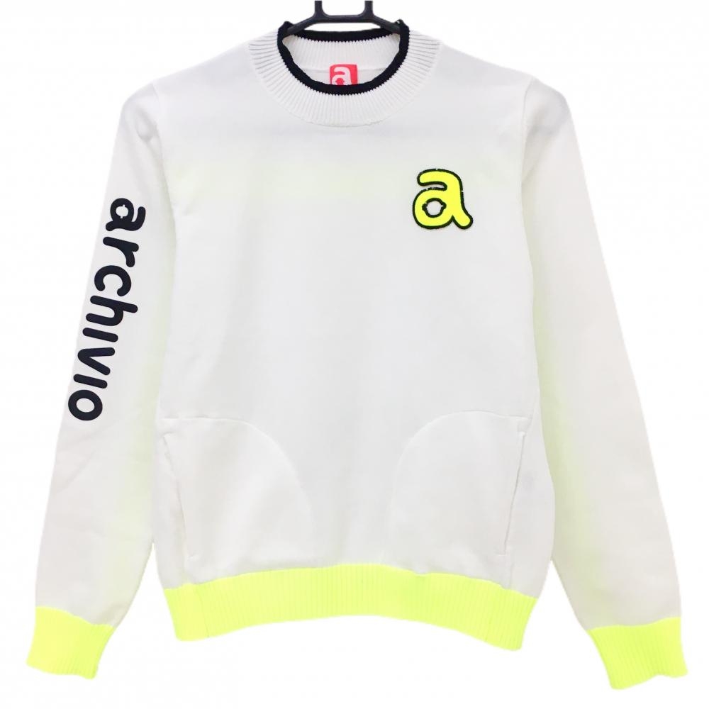 【美品】アルチビオ ハイネックセーター 白×蛍光イエロー 袖ライン ニット レディース 36(S) ゴルフウェア archivio