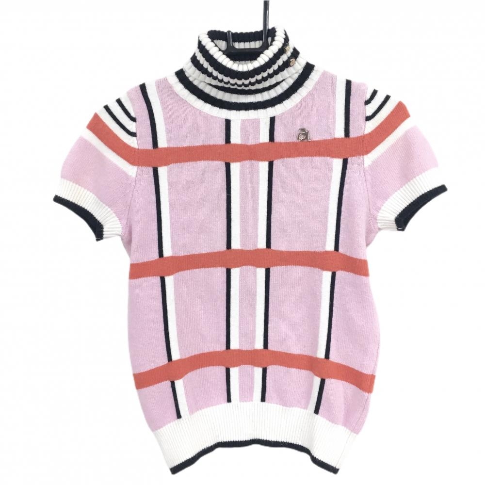 アルチビオ 半袖タートルネックセーター ピンク×白×黒 チェック ウール混 レディース 38(M) ゴルフウェア archivio