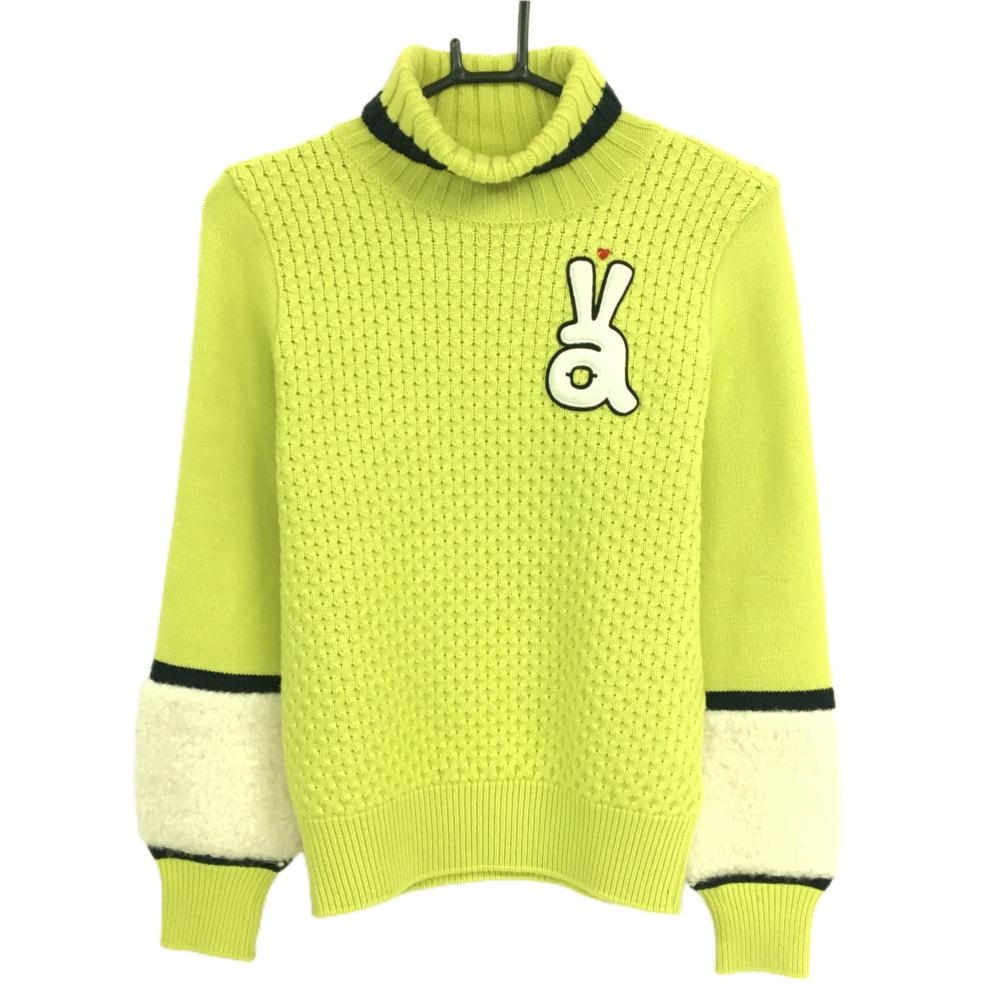 アルチビオ タートルネックセーター グリーンイエロー 身頃ケーブル編み 袖口ボア ウール混 レディース 36(S) ゴルフウェア archivio
