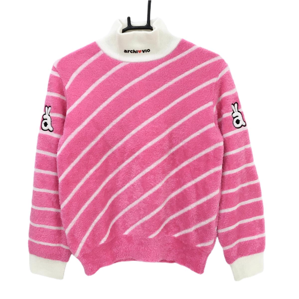 アルチビオ ハイネックセーター ピンク×白 斜めボーダー 起毛 ウール混 ニット レディース L ゴルフウェア archivio