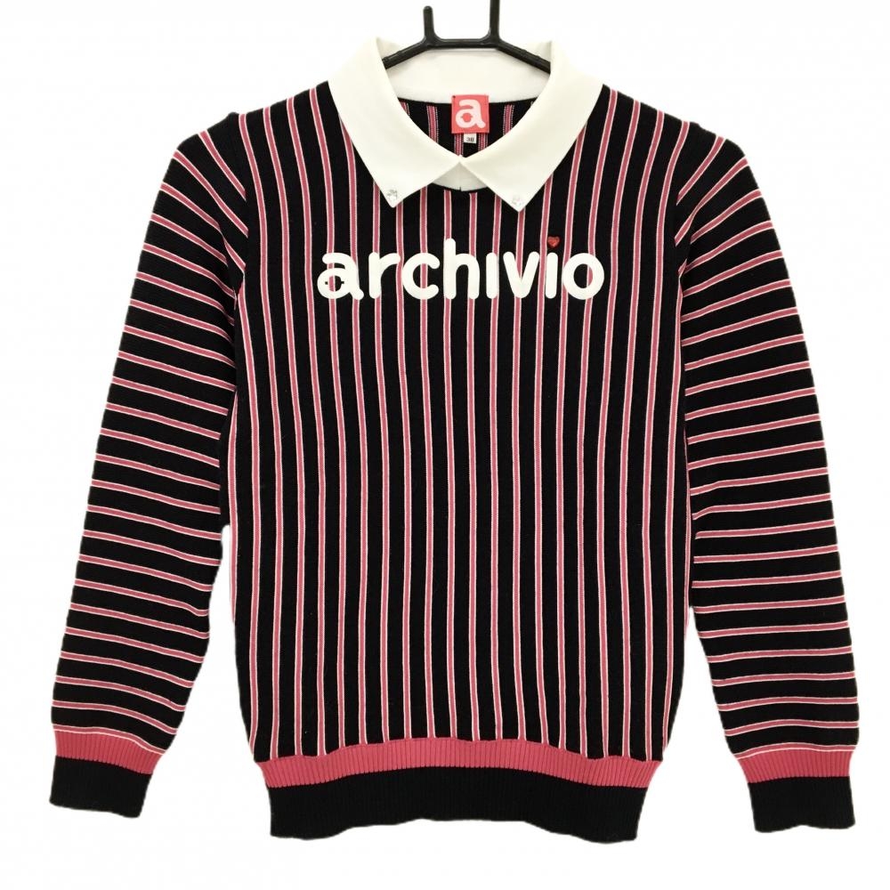 アルチビオ 襟付セーター 黒×ピンク ストライプ ウール混 ニット レディース 38(M) ゴルフウェア archivio