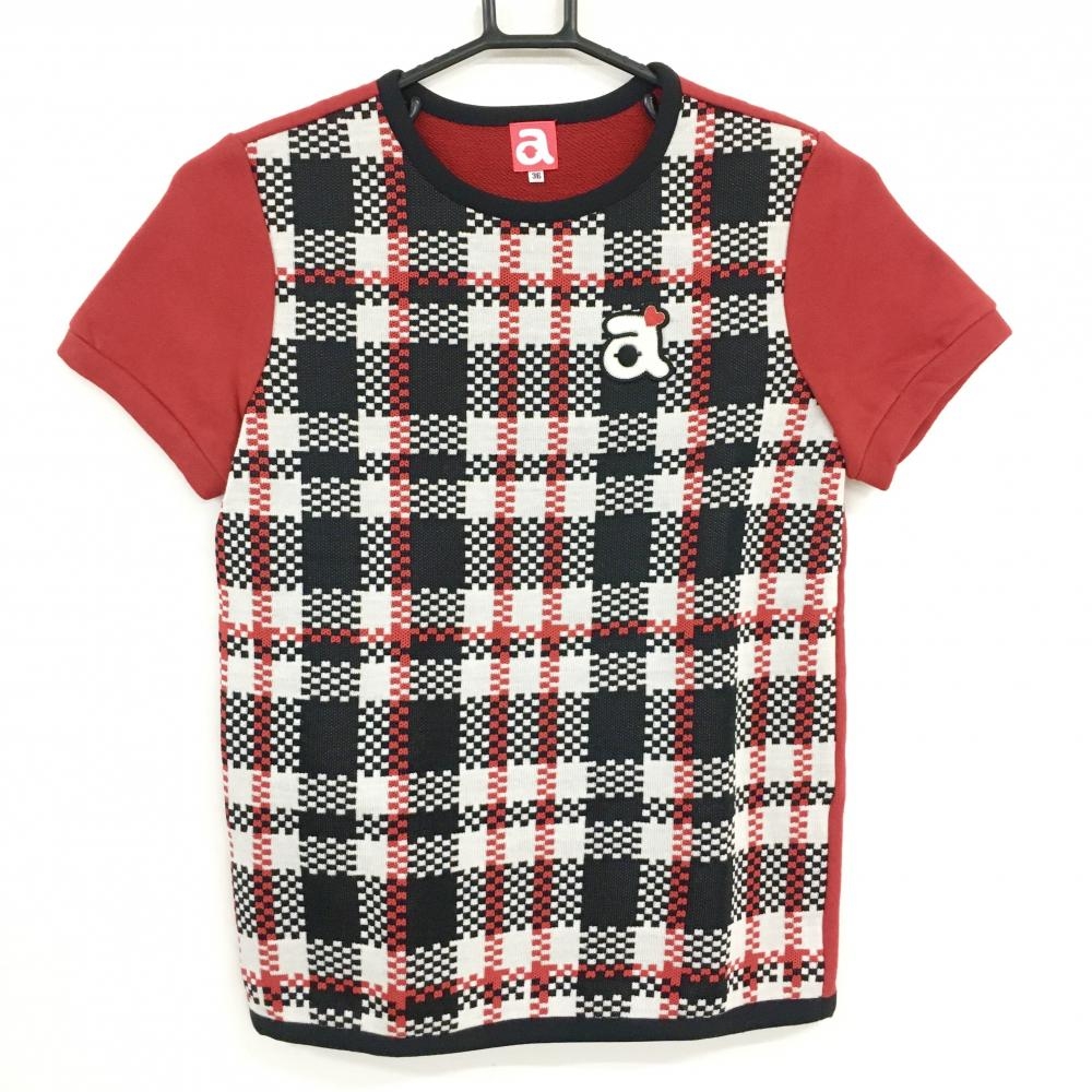 【超美品】アルチビオ 半袖セーター レッド×黒 前面ブロックチェック  レディース 36(S) ゴルフウェア archivio