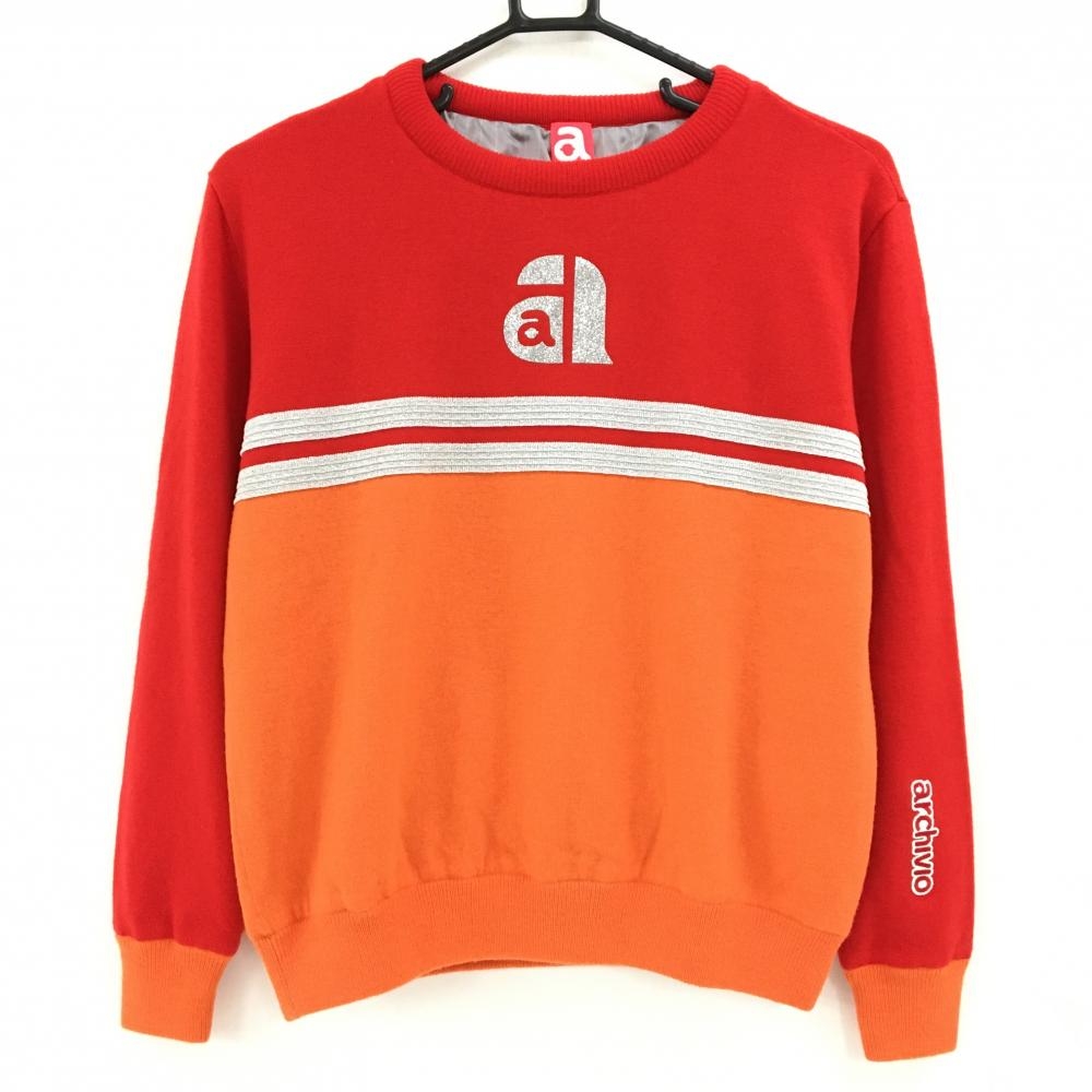 【超美品】アルチビオ セーター レッド×オレンジ ロゴラメ 蓄熱裏地 ウール混 ニット  レディース 38(M) ゴルフウェア archivio