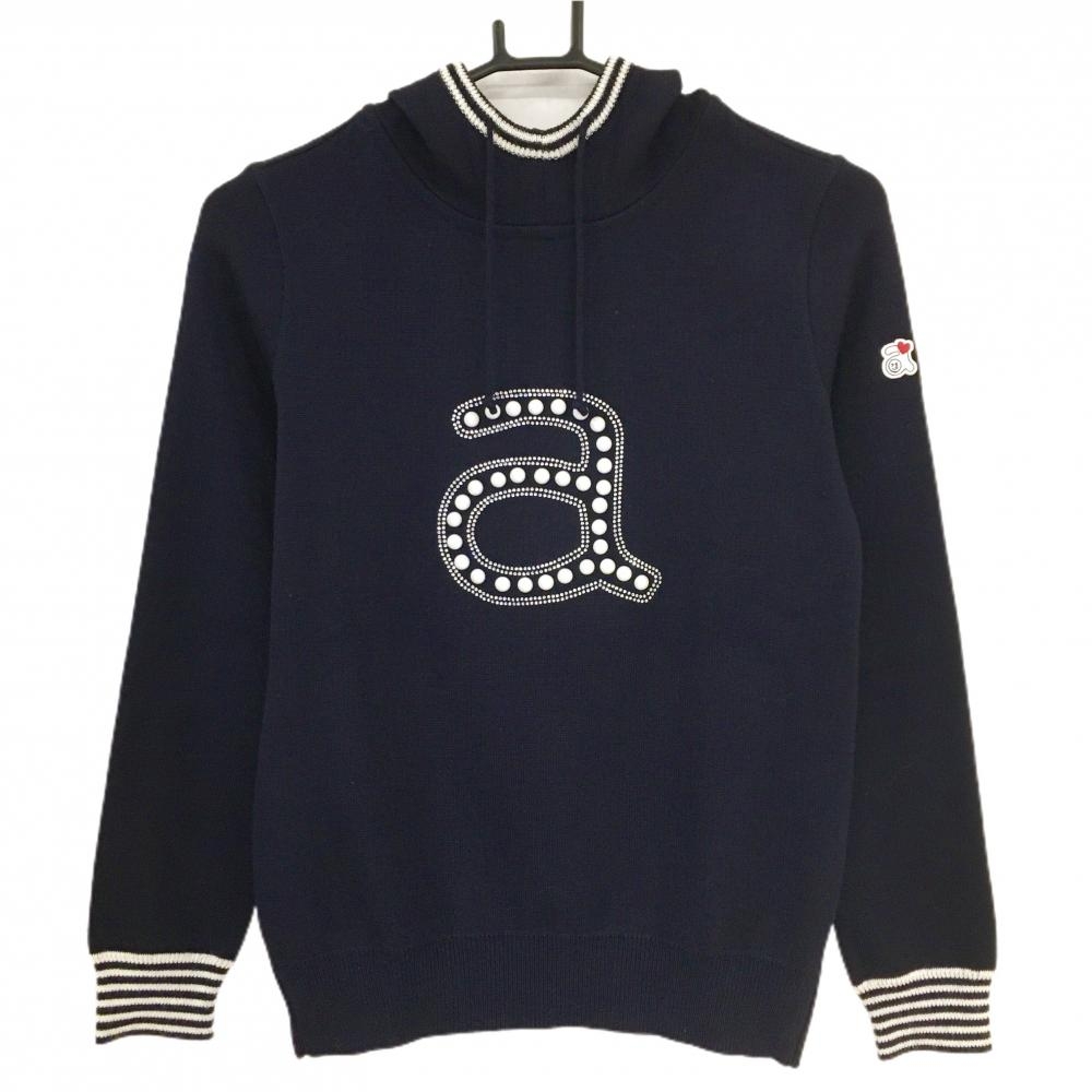 【超美品】アルチビオ セーター ネイビー×白 ラインストーンロゴ パーカー風 ウール混 ニット  レディース 36(S) ゴルフウェア archivio