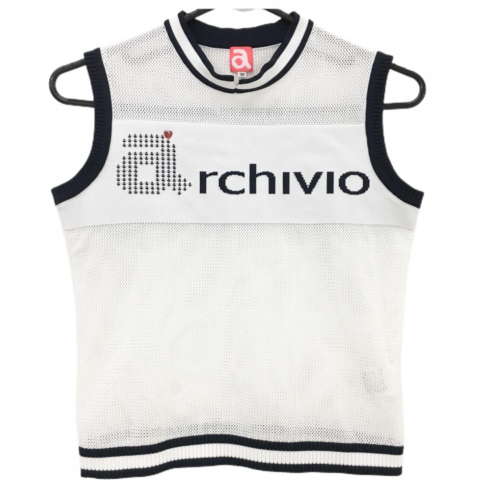 【美品】アルチビオ ニットベスト 白×ネイビー 透かし編み 透け感  レディース 36(S) ゴルフウェア archivio
