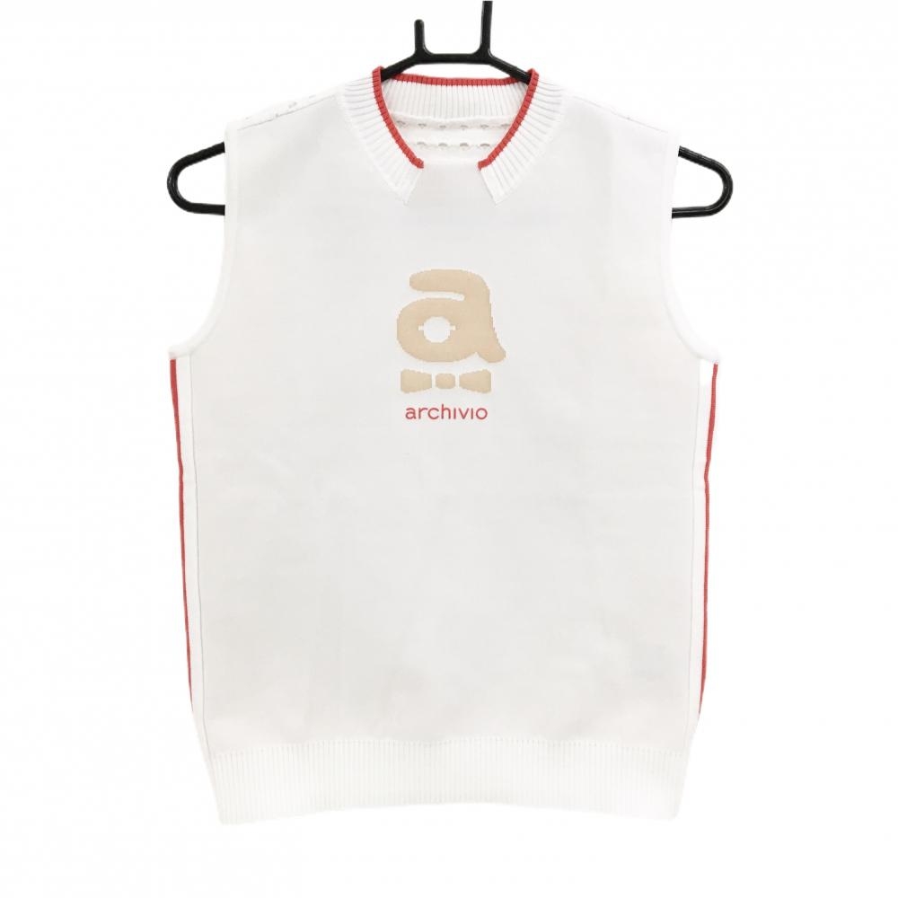 【超美品】アルチビオ ニットベスト 白×レッド 背面透かし編み フロントロゴ  レディース サイズ表記なし ゴルフウェア archivio