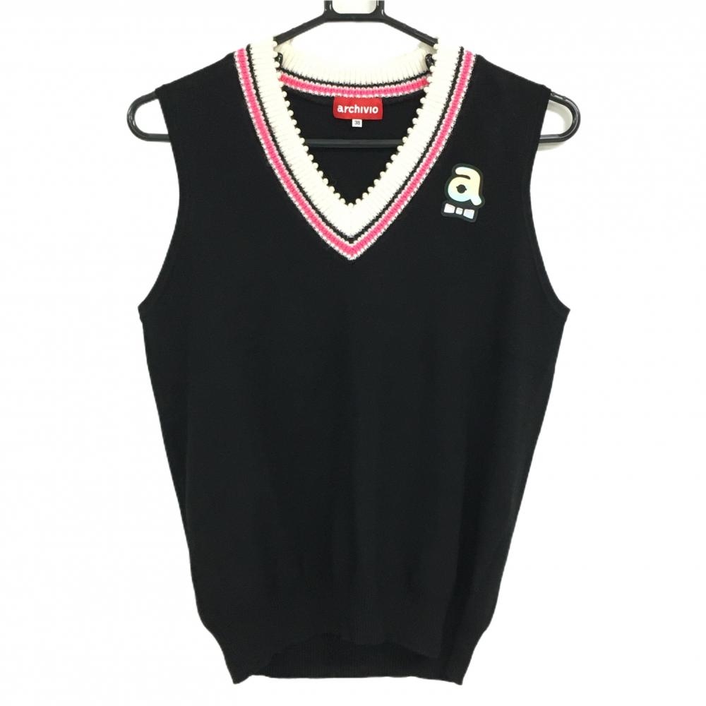 アルチビオ ニットベスト 黒 胸ロゴ Vネック  レディース 38(M) ゴルフウェア archivio