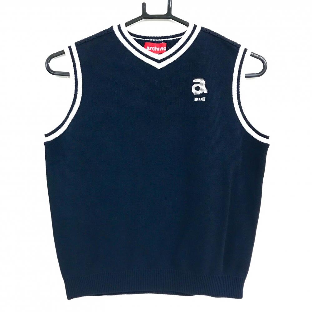 【超美品】アルチビオ ニットベスト ダークネイビー×白 後ろ透かし編み 胸ロゴ レディース 38(M) ゴルフウェア 2024年モデル archivio