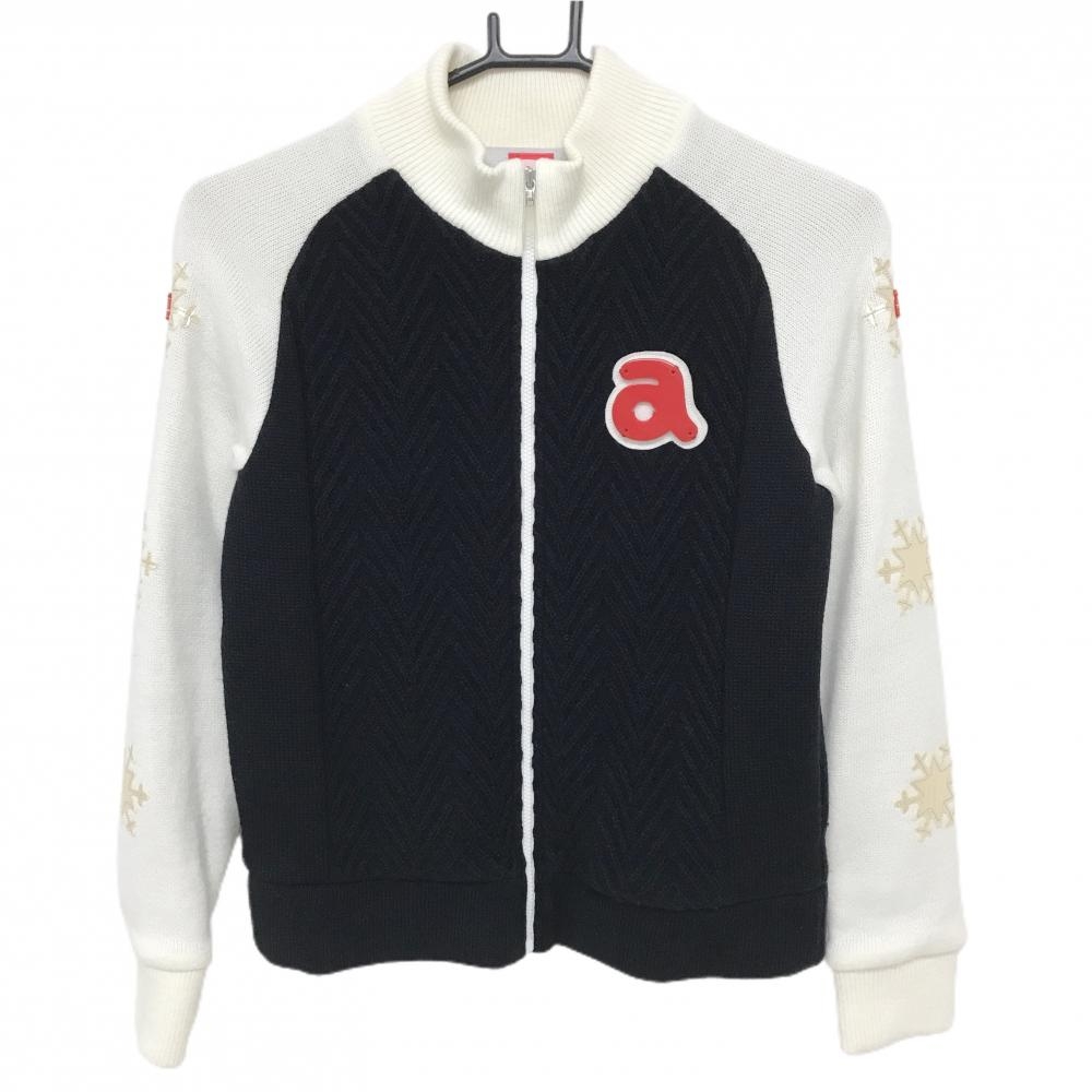 【美品】アルチビオ ニットジャケット ダークネイビー×白 ウール混 裏地付 レディース 36(S) ゴルフウェア archivio