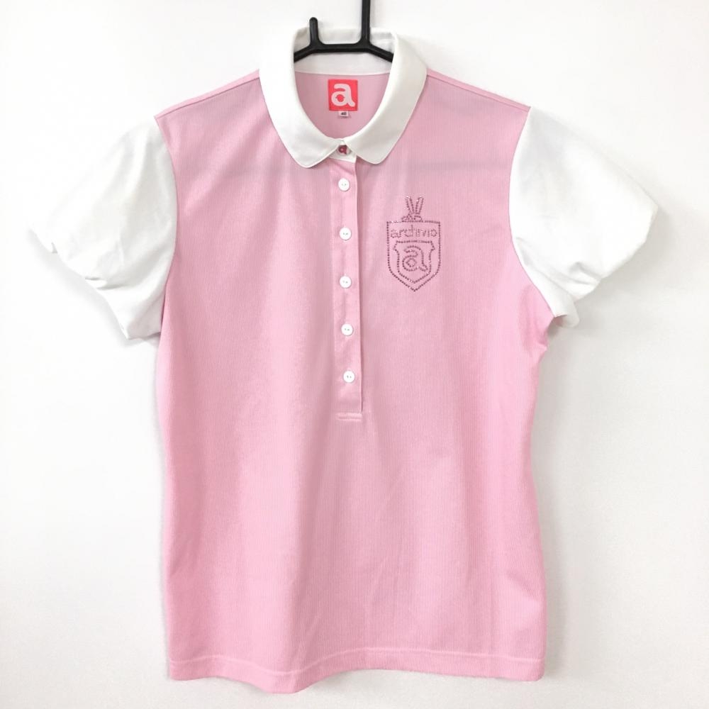 archivio アルチビオ 半袖ポロシャツ ピンク×白 細ストライプ ラインストーンロゴ レディース 40 ゴルフウェア