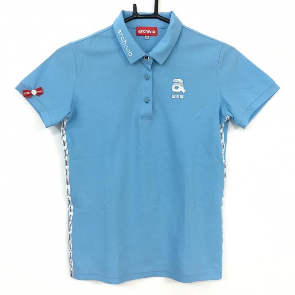 【美品】archivio アルチビオ 半袖ポロシャツ ライトブルー サイドロゴライン 襟リボン レディース 36 ゴルフウェア